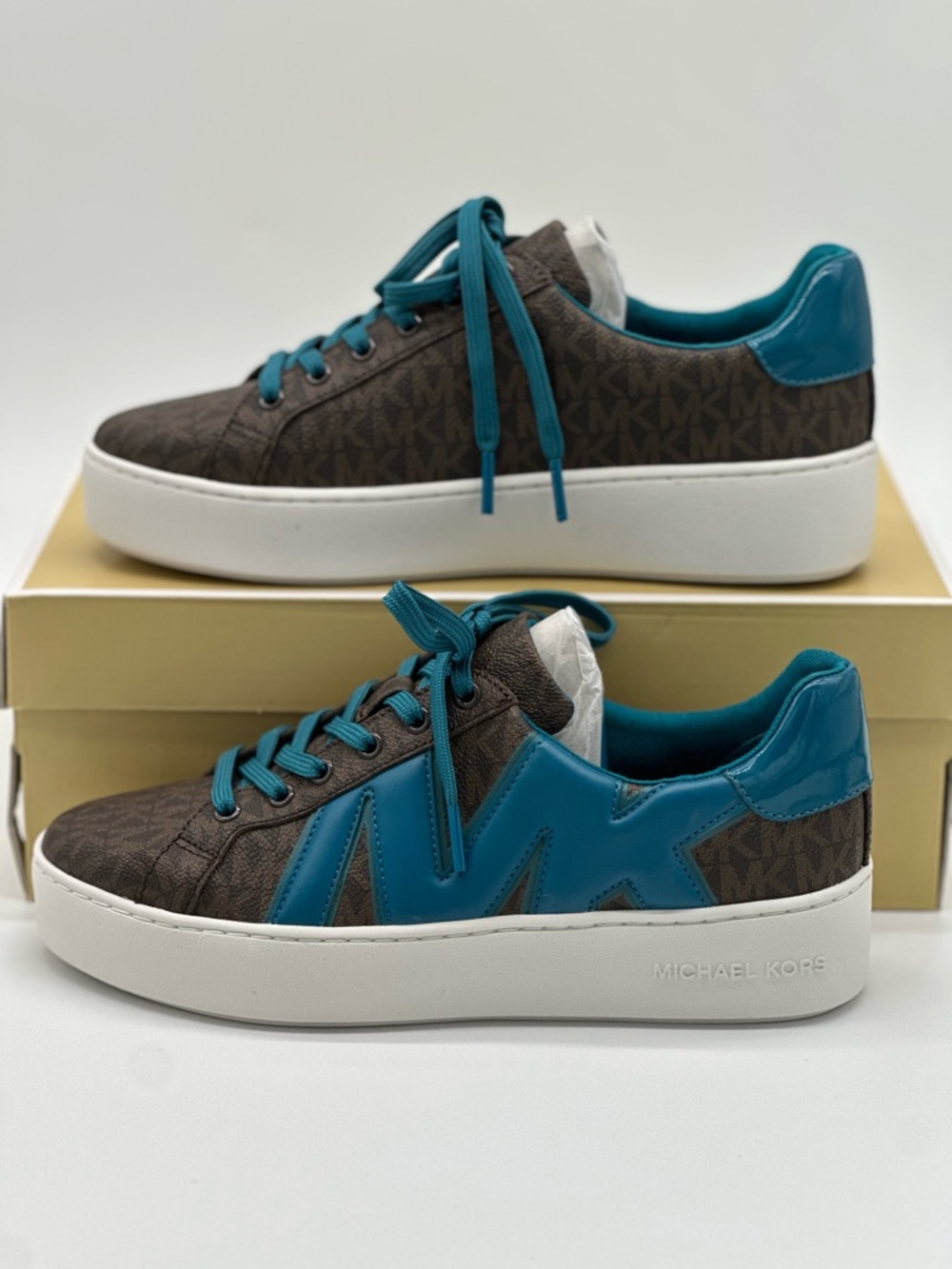 Michael Kors Brown MK Logo Sneakers with Teal Accents